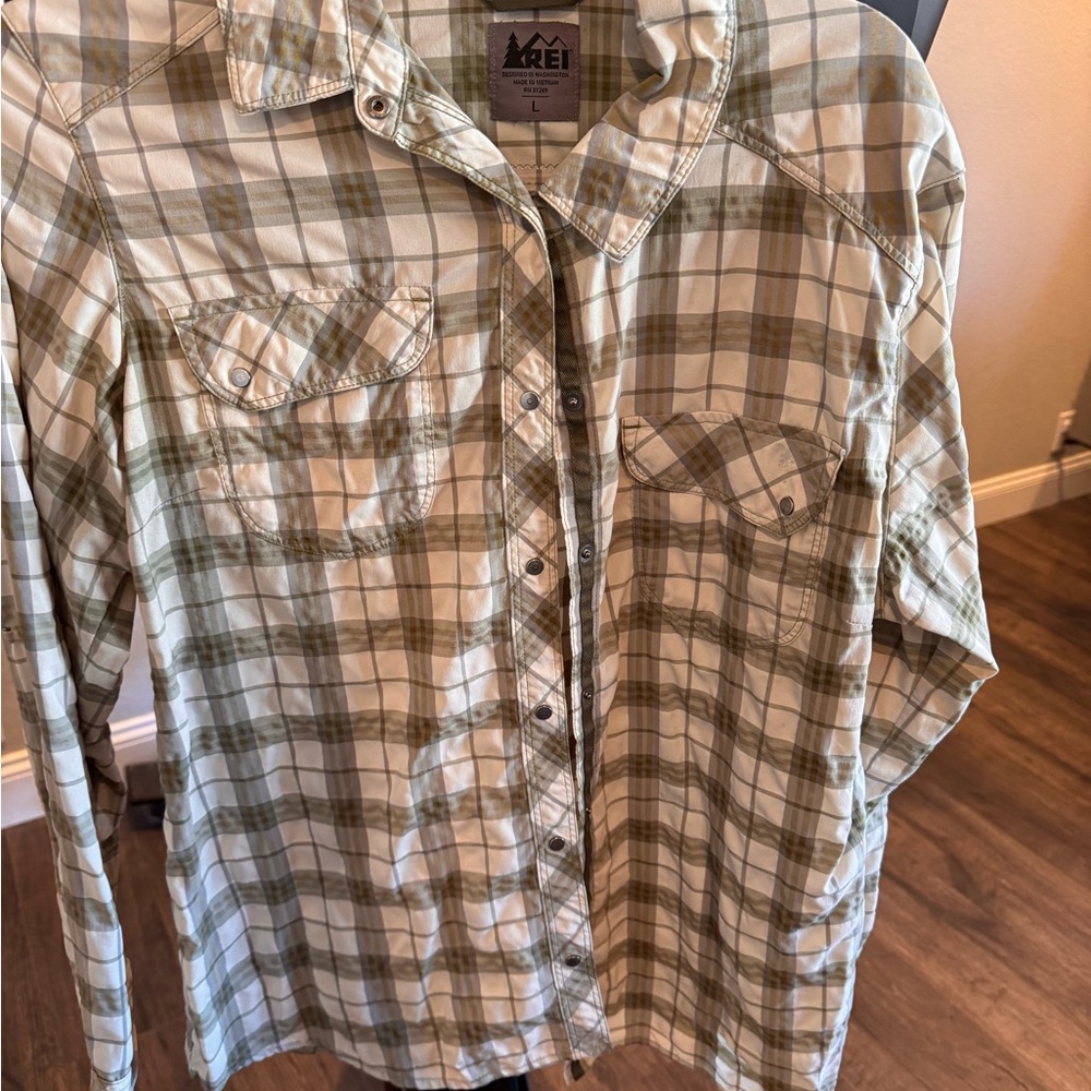 REI Green and White Plaid Shirt